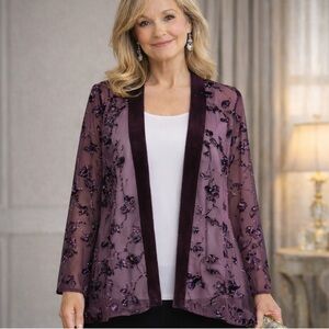 R&M Richards Deep Purple Sheer Open Front Floral Jacket Size 16 Velvet Burn Out